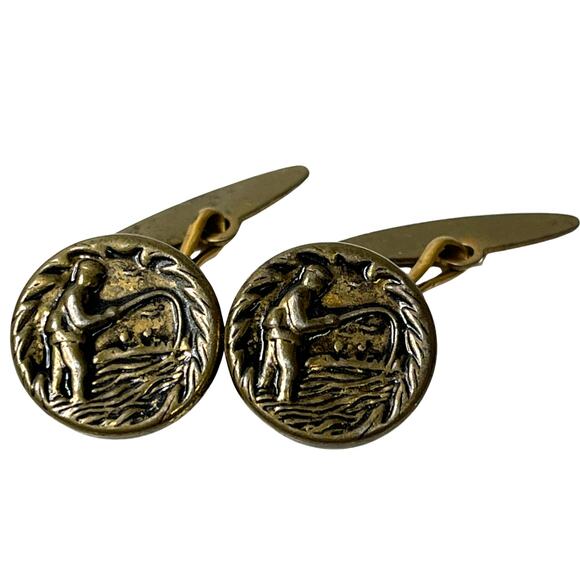 19th C Brass Cufflinks Embossed Fisherman Motif High Relief Antique Jewelry - Picture 1 of 2